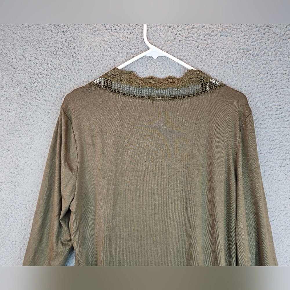 Bluetime Womens Green Long Line Open Front Lace Trim Cardigan Sz M=8/10 - Picture 9 of 11
